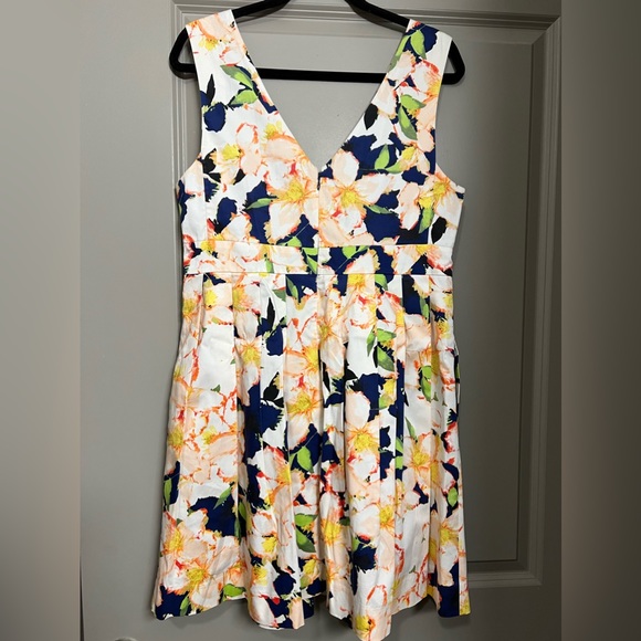 J Crew Factory Navy Floral Cotton Pleated Fit & Flare Sleeveless Dress Size 12 - Picture 3 of 9